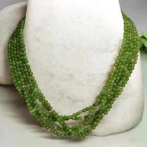 Jade and green crystal 6 strand beaded necklace sterling silver 925 clasp 20"